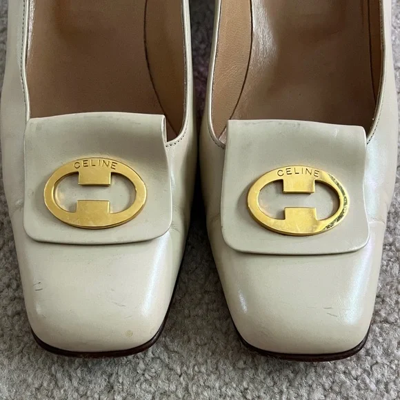 Celine Cream Leather Square-Toe Pumps with Gold Logo Plaque - Picture 6 of 12
